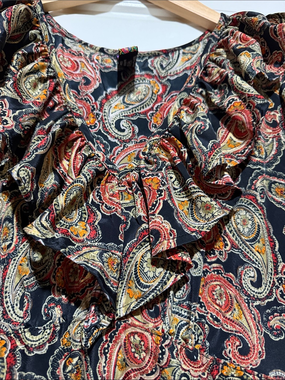 Anthropologie Boho Earthy Whimsical Maxi Dress Artisan Paisley Gold Ruffle L - Picture 5 of 9